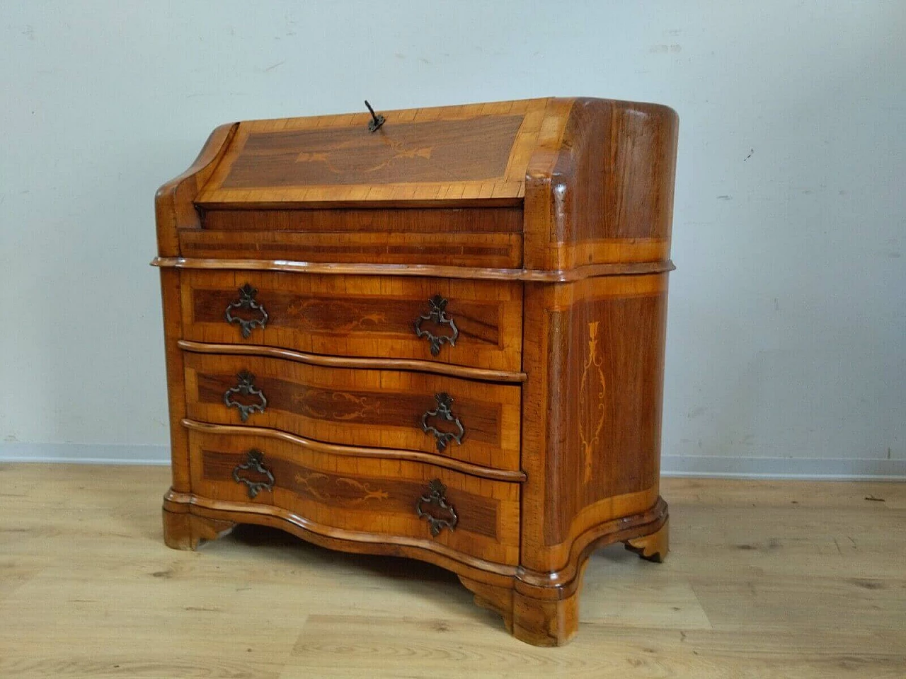 Walnut veneer and inlaid flap desk in Louis XV style, 1950s 16