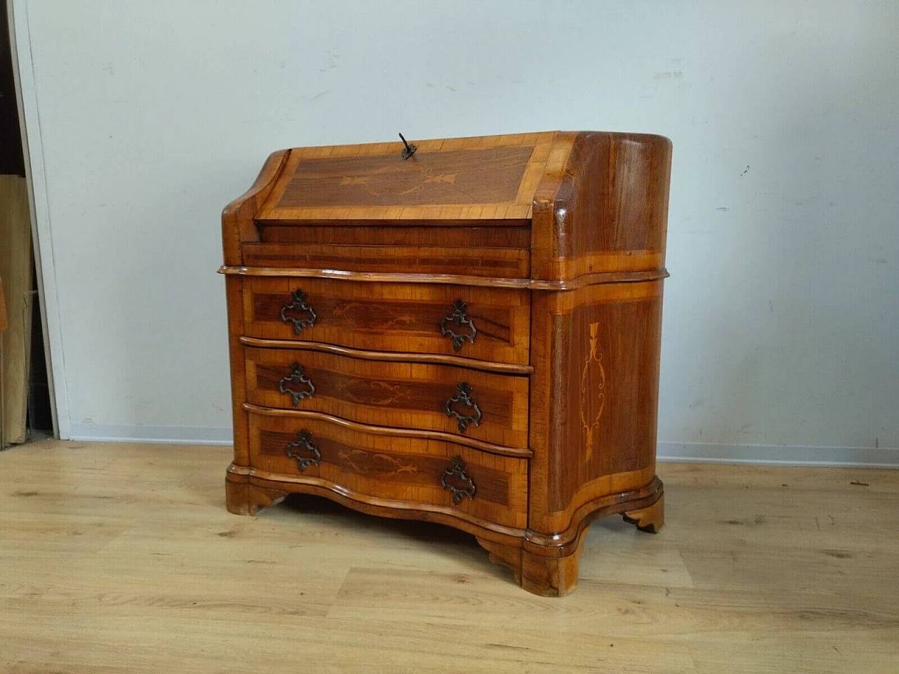 Walnut veneer and inlaid flap desk in Louis XV style, 1950s 17