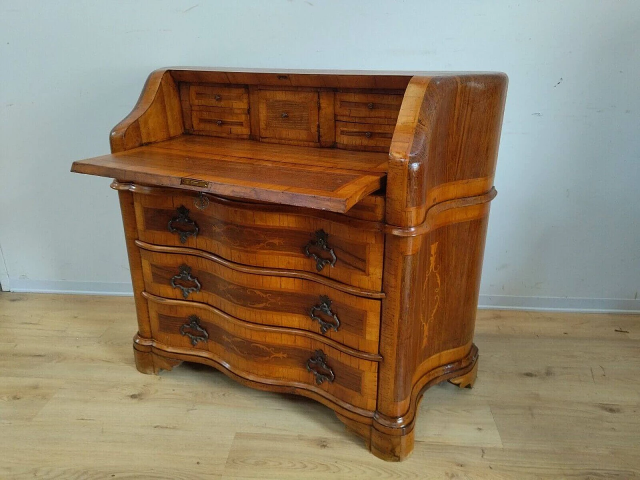 Walnut veneer and inlaid flap desk in Louis XV style, 1950s 18