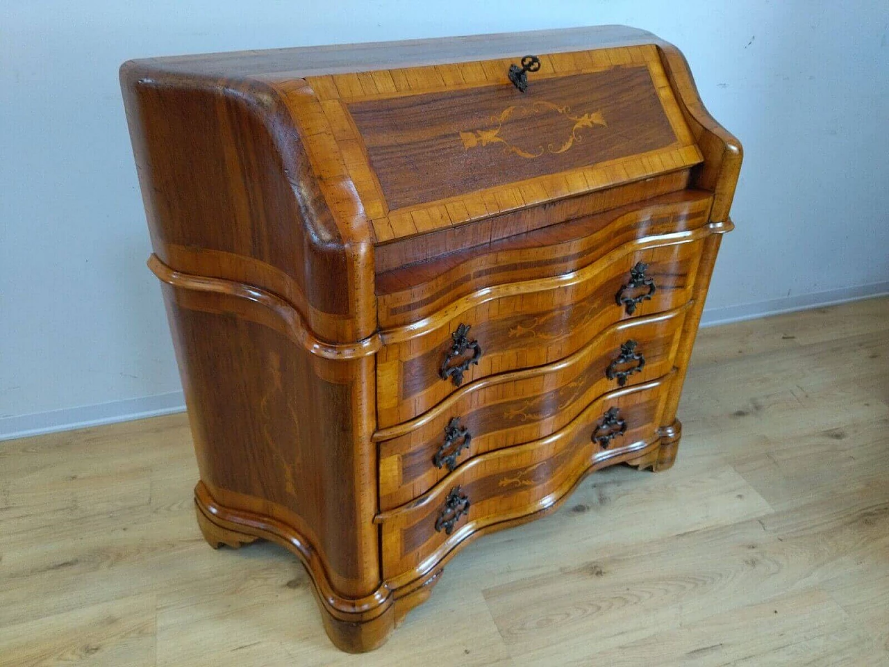 Walnut veneer and inlaid flap desk in Louis XV style, 1950s 19