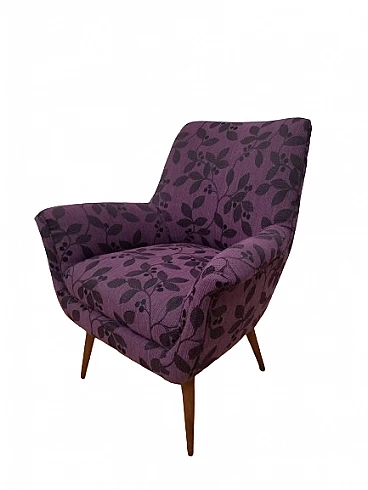 Solid beech armchair with purple floral fabric cover, 1960s