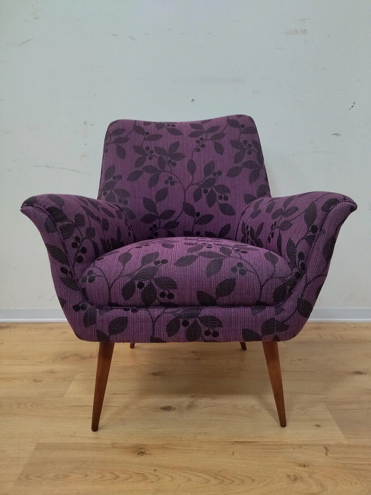 Solid beech armchair with purple floral fabric cover, 1960s 2