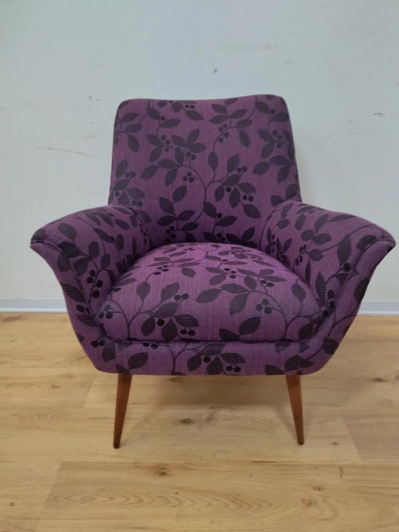 Solid beech armchair with purple floral fabric cover, 1960s 3