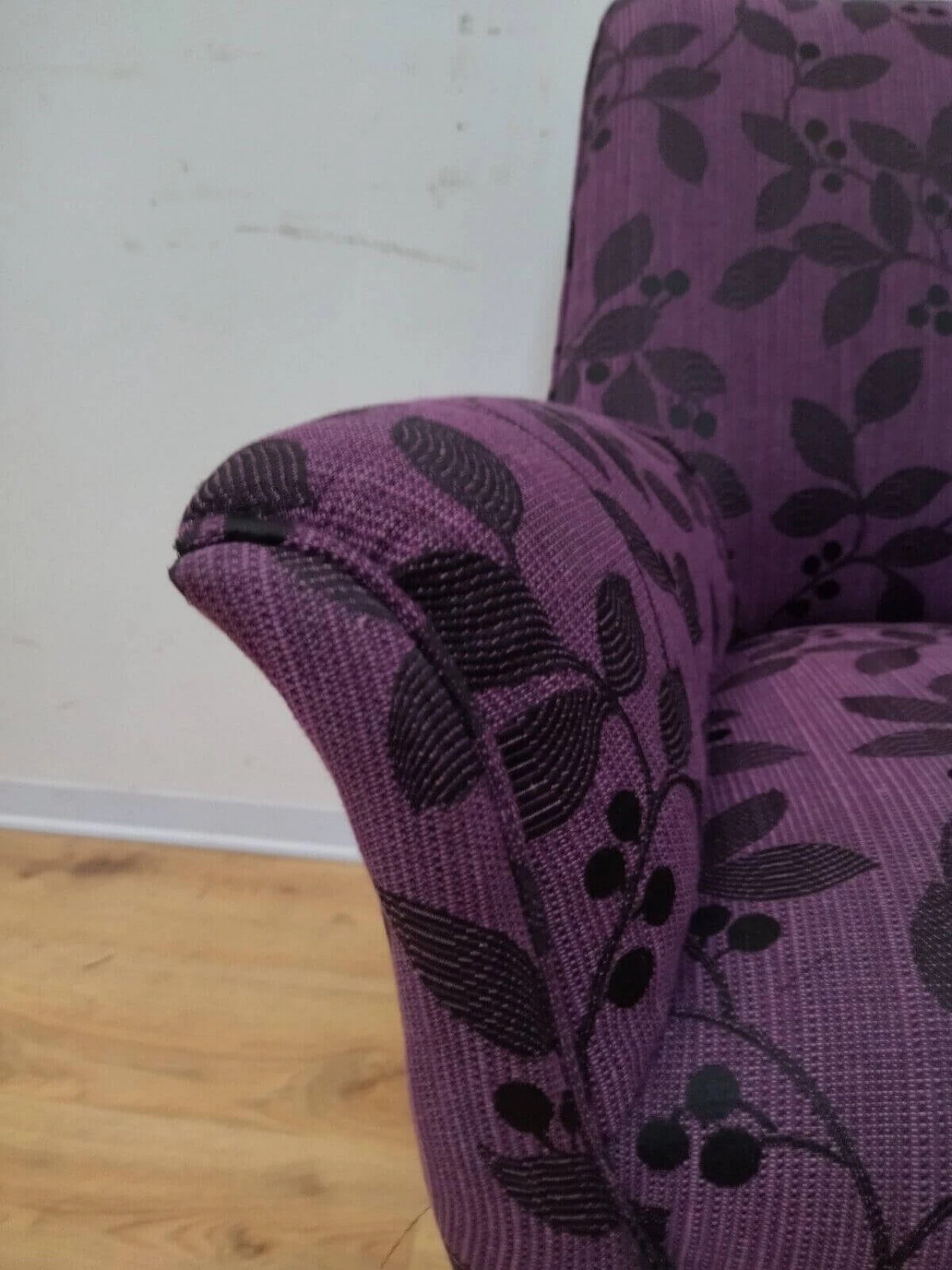 Solid beech armchair with purple floral fabric cover, 1960s 5