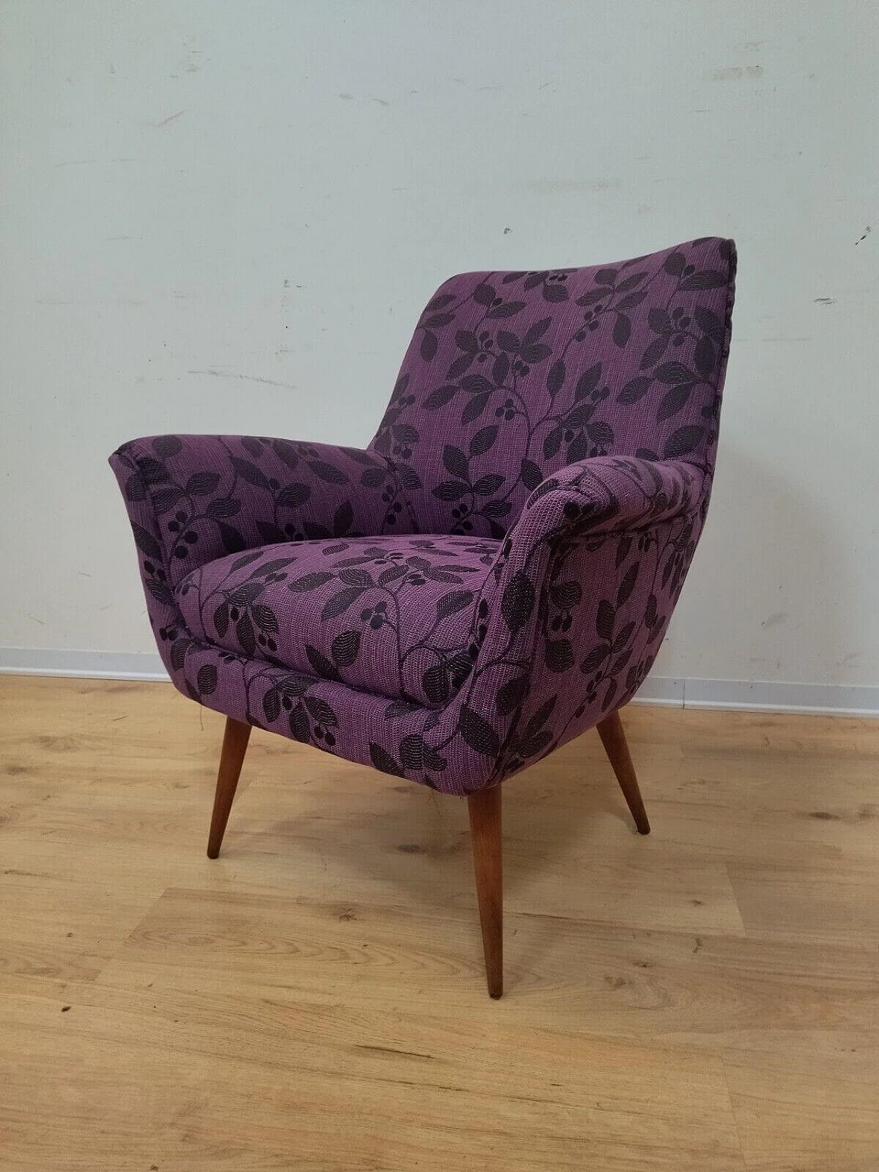 Solid beech armchair with purple floral fabric cover, 1960s 8