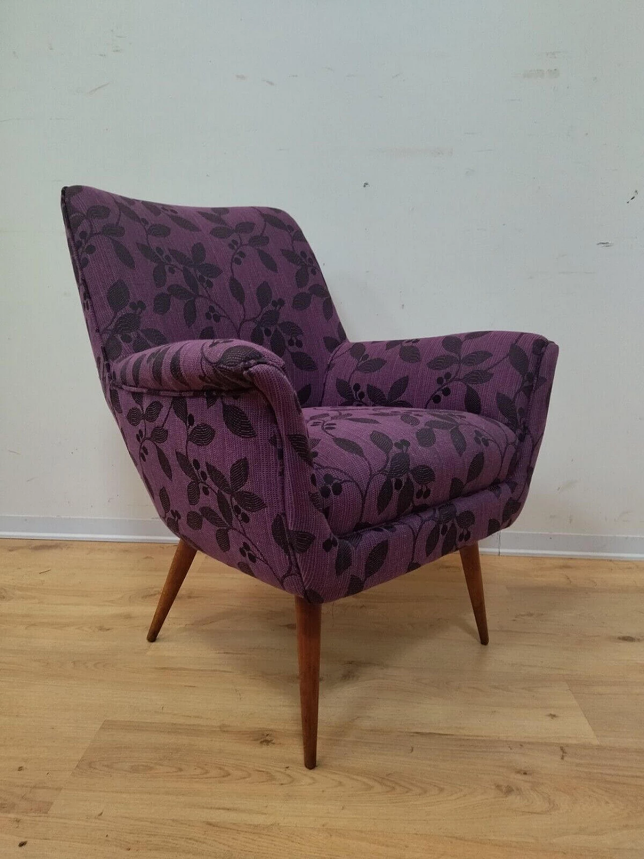 Solid beech armchair with purple floral fabric cover, 1960s 9