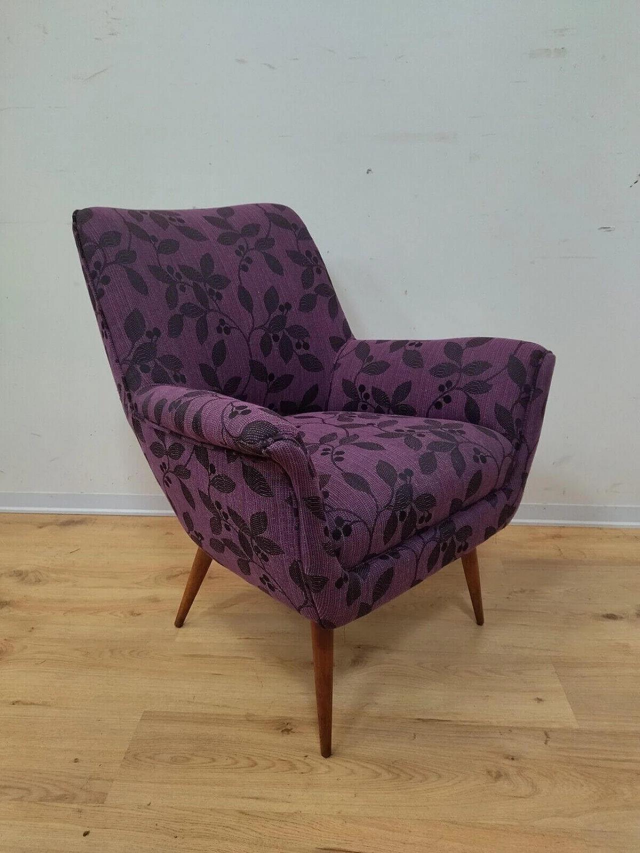 Solid beech armchair with purple floral fabric cover, 1960s 10