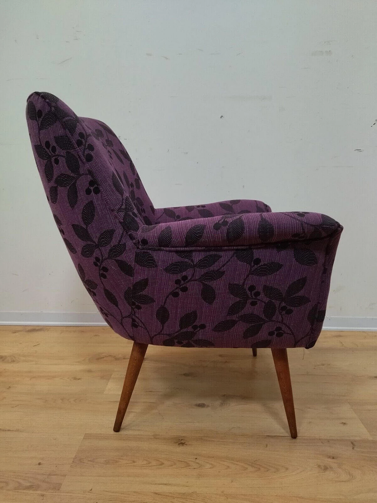 Solid beech armchair with purple floral fabric cover, 1960s 11