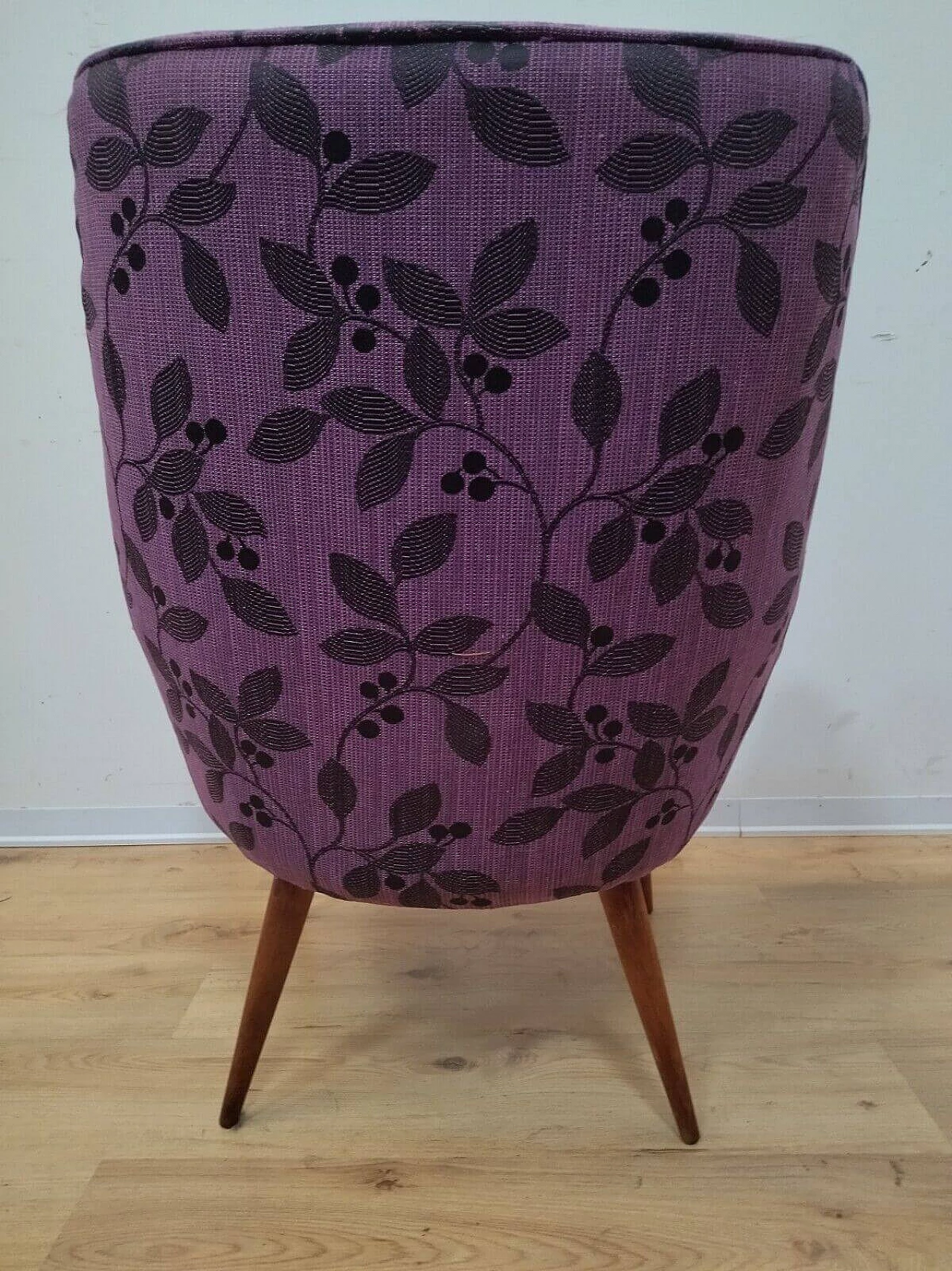 Solid beech armchair with purple floral fabric cover, 1960s 12
