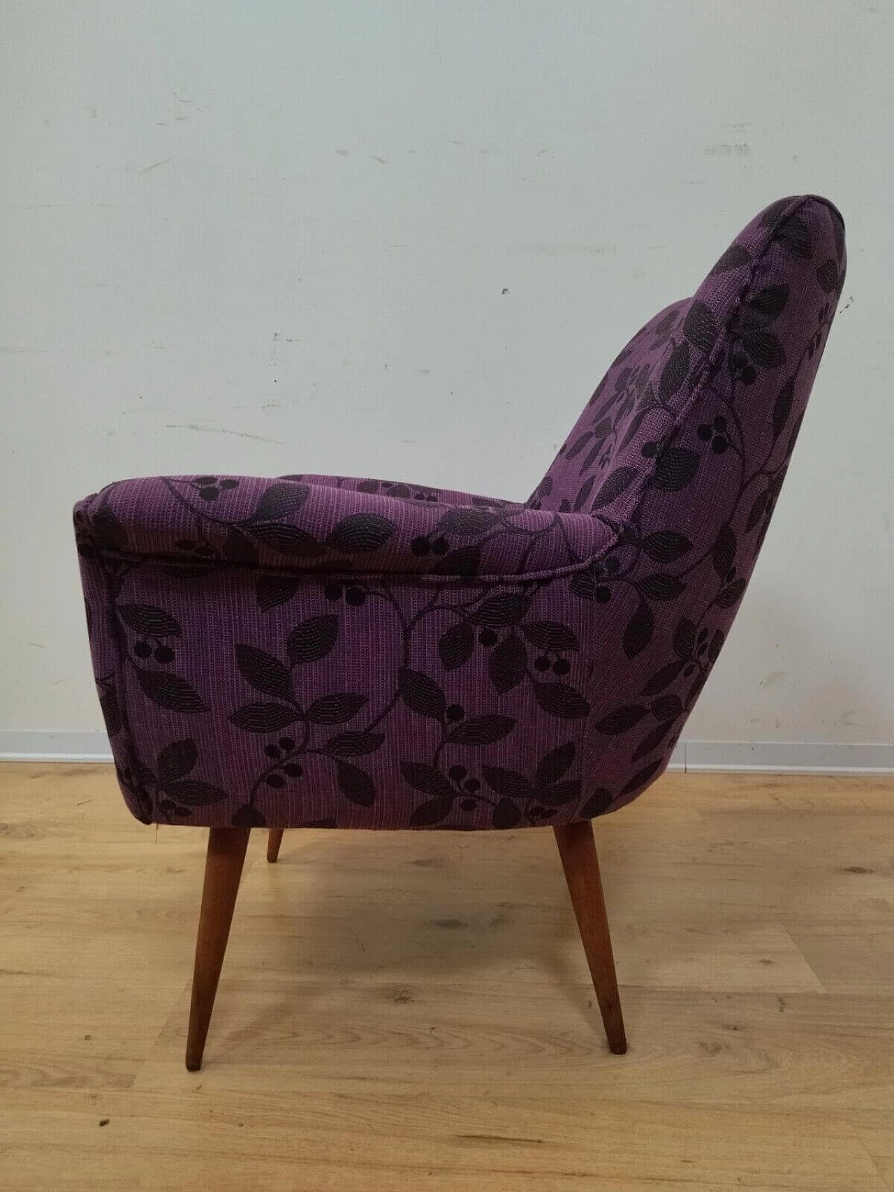 Solid beech armchair with purple floral fabric cover, 1960s 13
