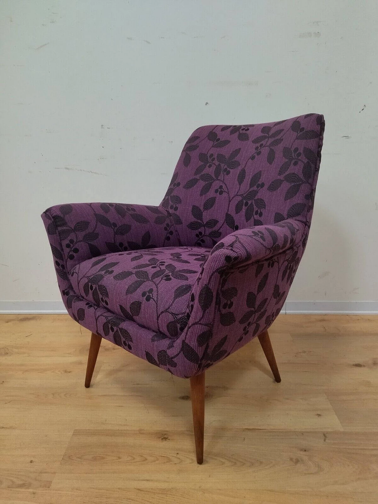Solid beech armchair with purple floral fabric cover, 1960s 14