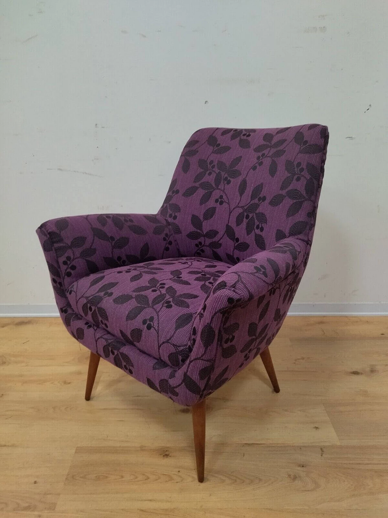 Solid beech armchair with purple floral fabric cover, 1960s 15