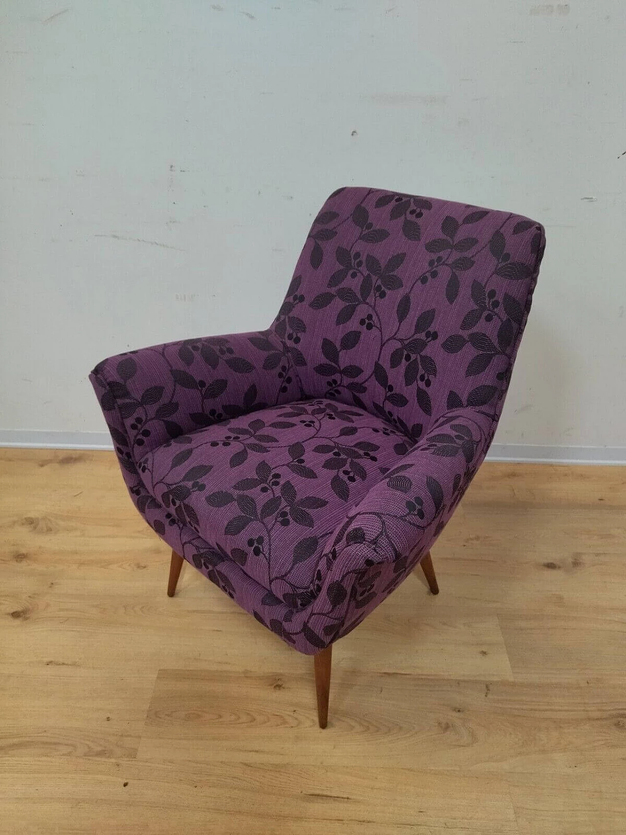 Solid beech armchair with purple floral fabric cover, 1960s 16