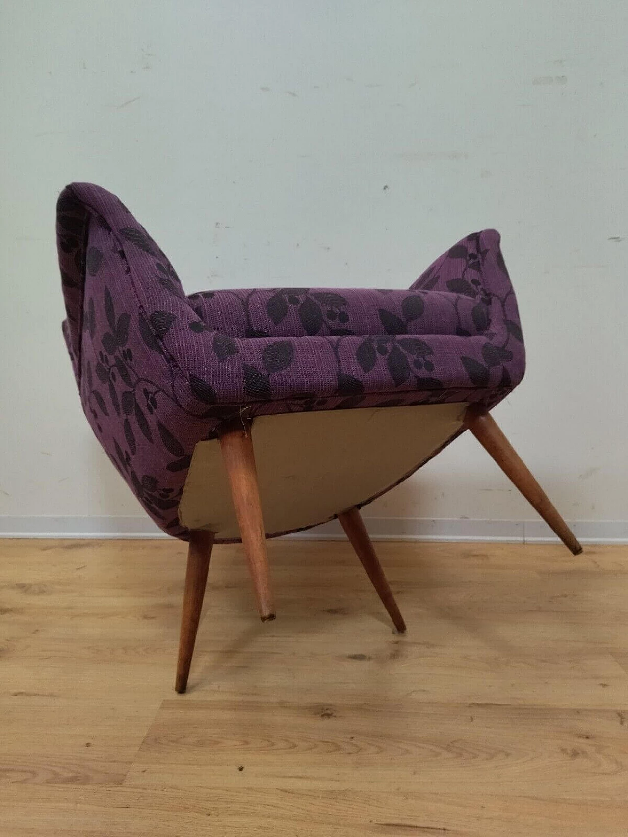 Solid beech armchair with purple floral fabric cover, 1960s 18