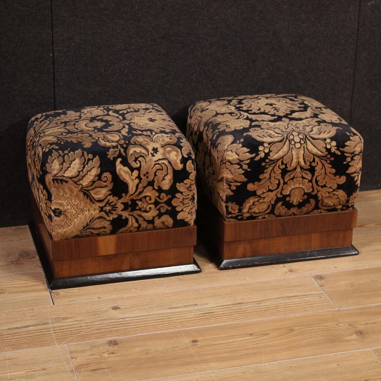 Pair of poufs in walnut, ebonized wood and damask velvet, 1940s 1