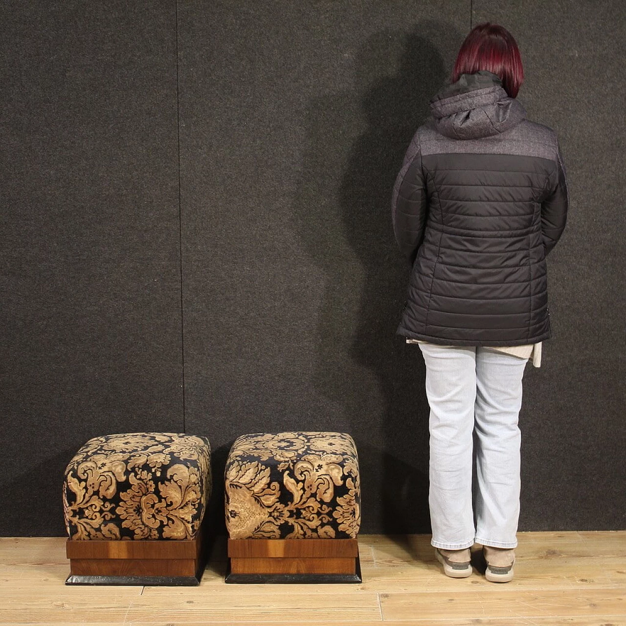 Pair of poufs in walnut, ebonized wood and damask velvet, 1940s 2