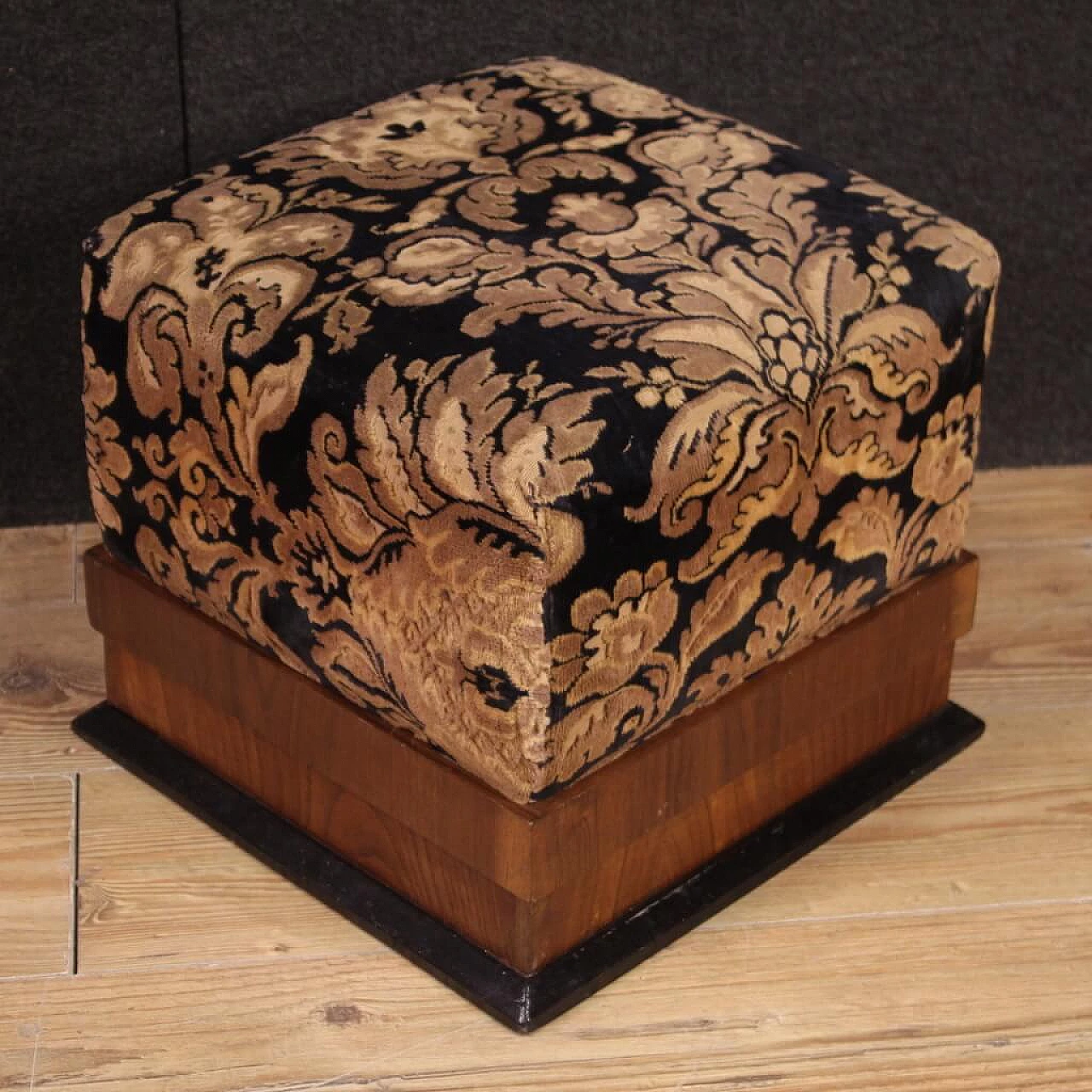 Pair of poufs in walnut, ebonized wood and damask velvet, 1940s 4