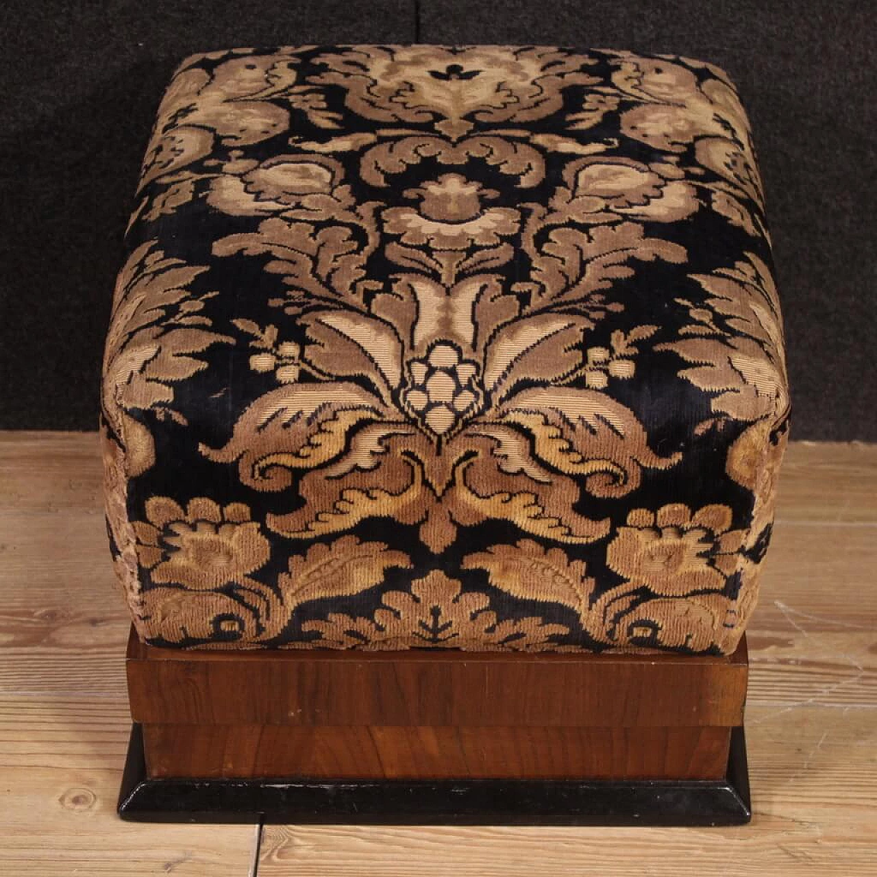 Pair of poufs in walnut, ebonized wood and damask velvet, 1940s 5