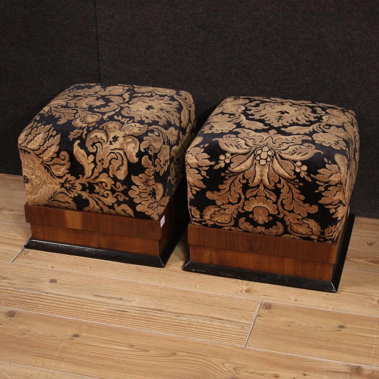 Pair of poufs in walnut, ebonized wood and damask velvet, 1940s 6