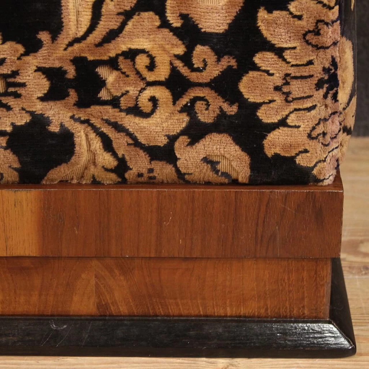 Pair of poufs in walnut, ebonized wood and damask velvet, 1940s 10