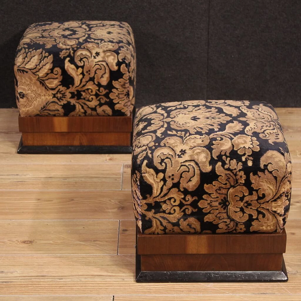 Pair of poufs in walnut, ebonized wood and damask velvet, 1940s 11