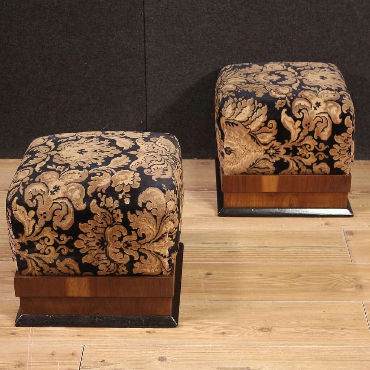 Pair of poufs in walnut, ebonized wood and damask velvet, 1940s 12