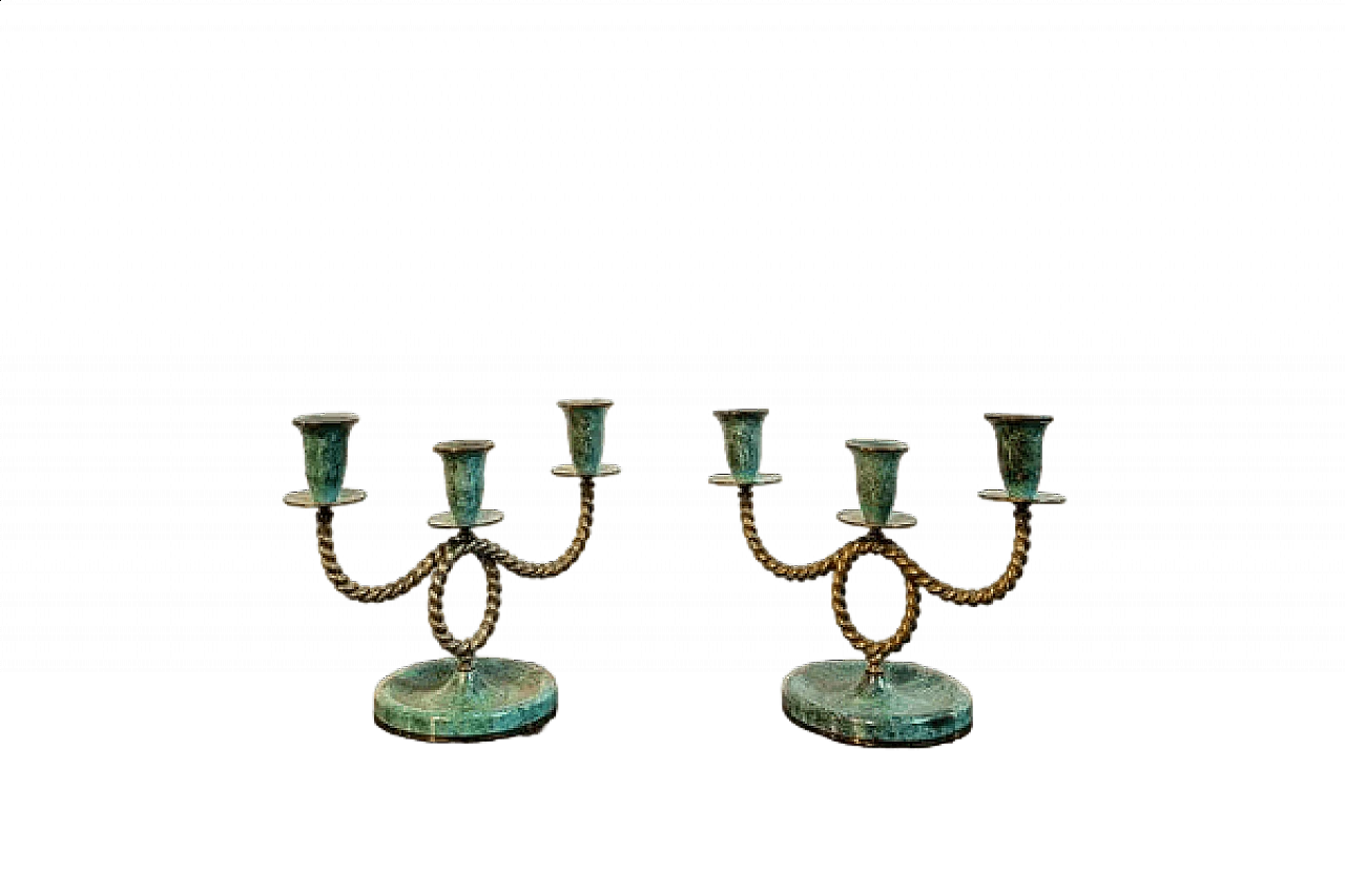 Pair of brass and oxidized brass candle holders, 1940s 5