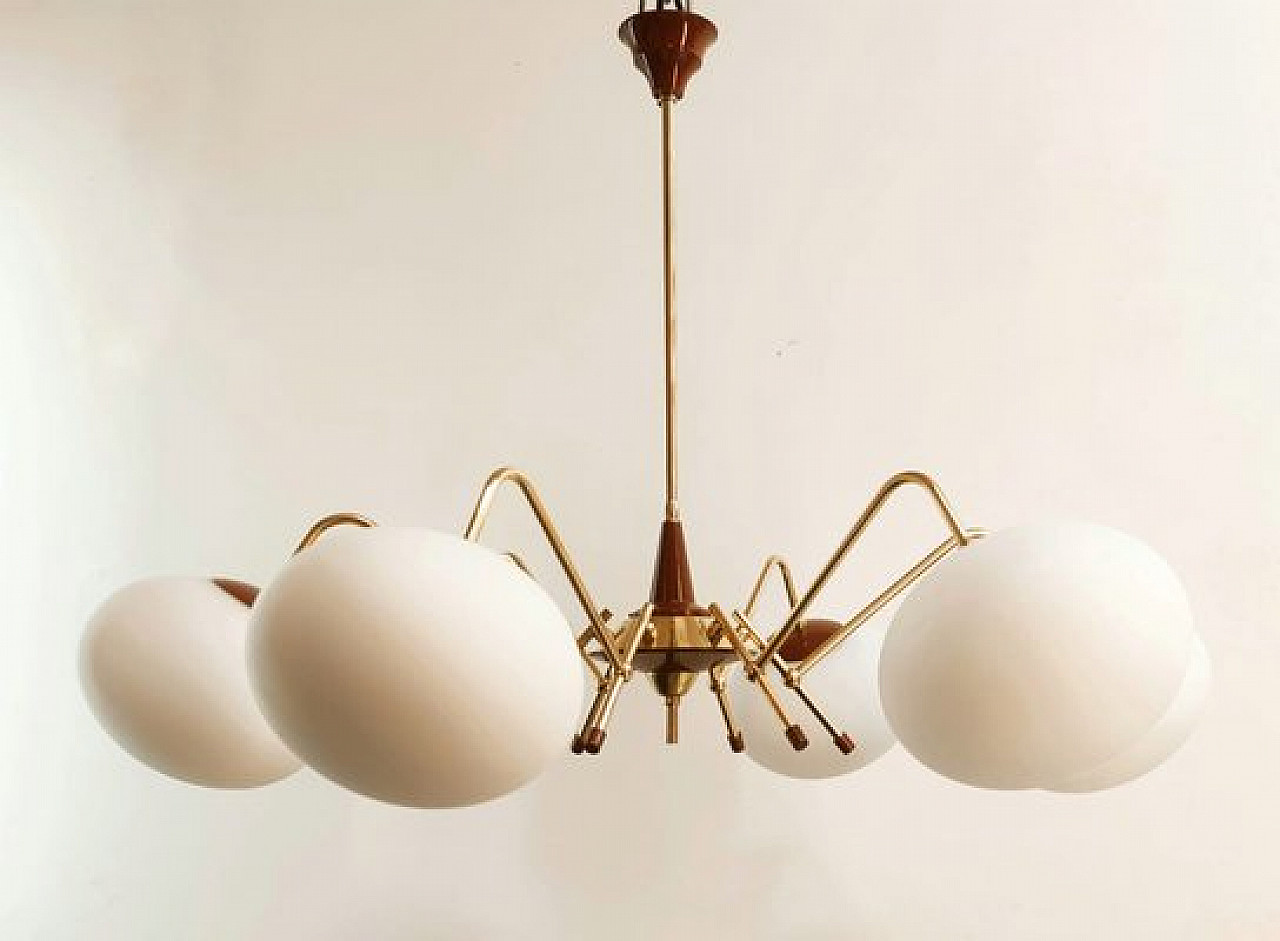6 Lights Sputnik chandelier in brass and glass, 1970s 1