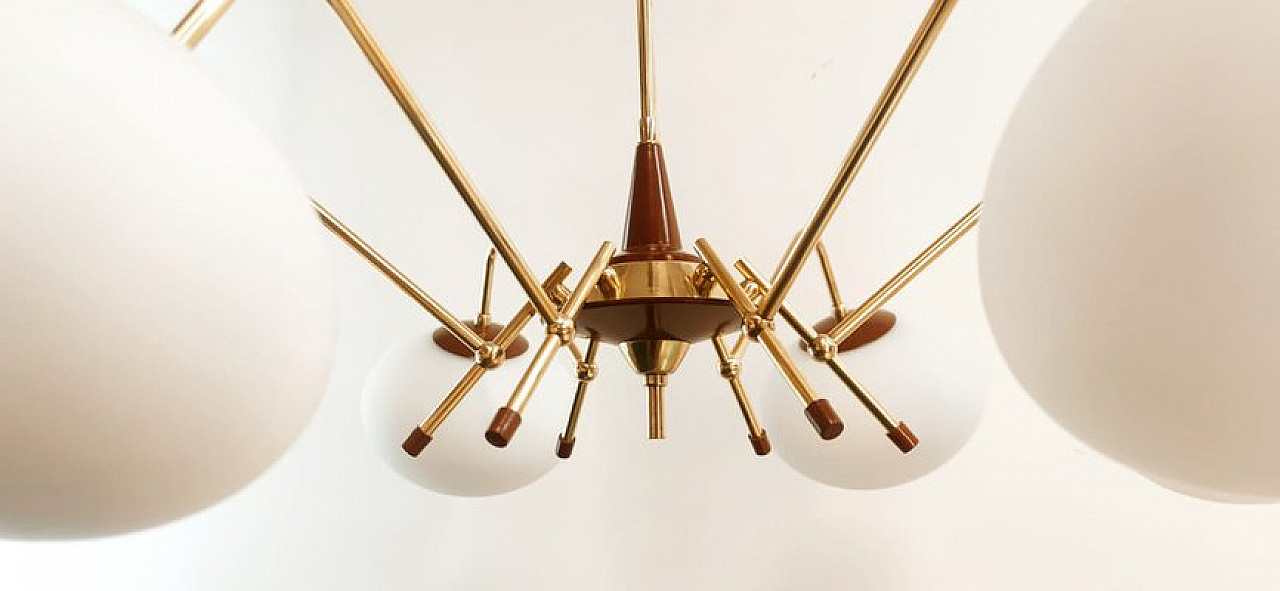 6 Lights Sputnik chandelier in brass and glass, 1970s 3