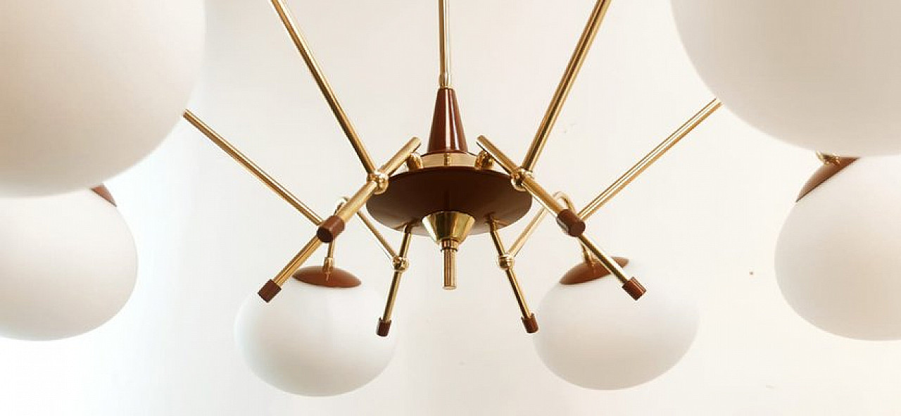 6 Lights Sputnik chandelier in brass and glass, 1970s 5