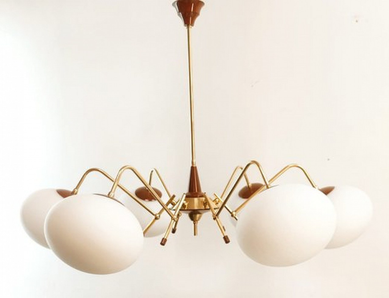 6 Lights Sputnik chandelier in brass and glass, 1970s 13
