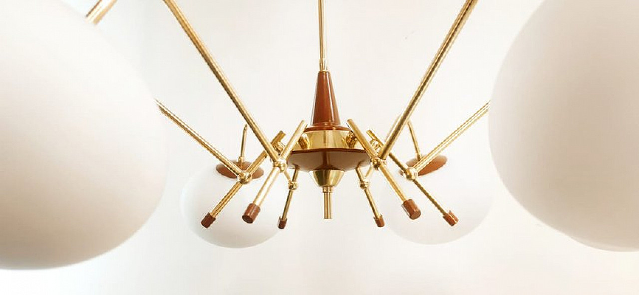 6 Lights Sputnik chandelier in brass and glass, 1970s 18