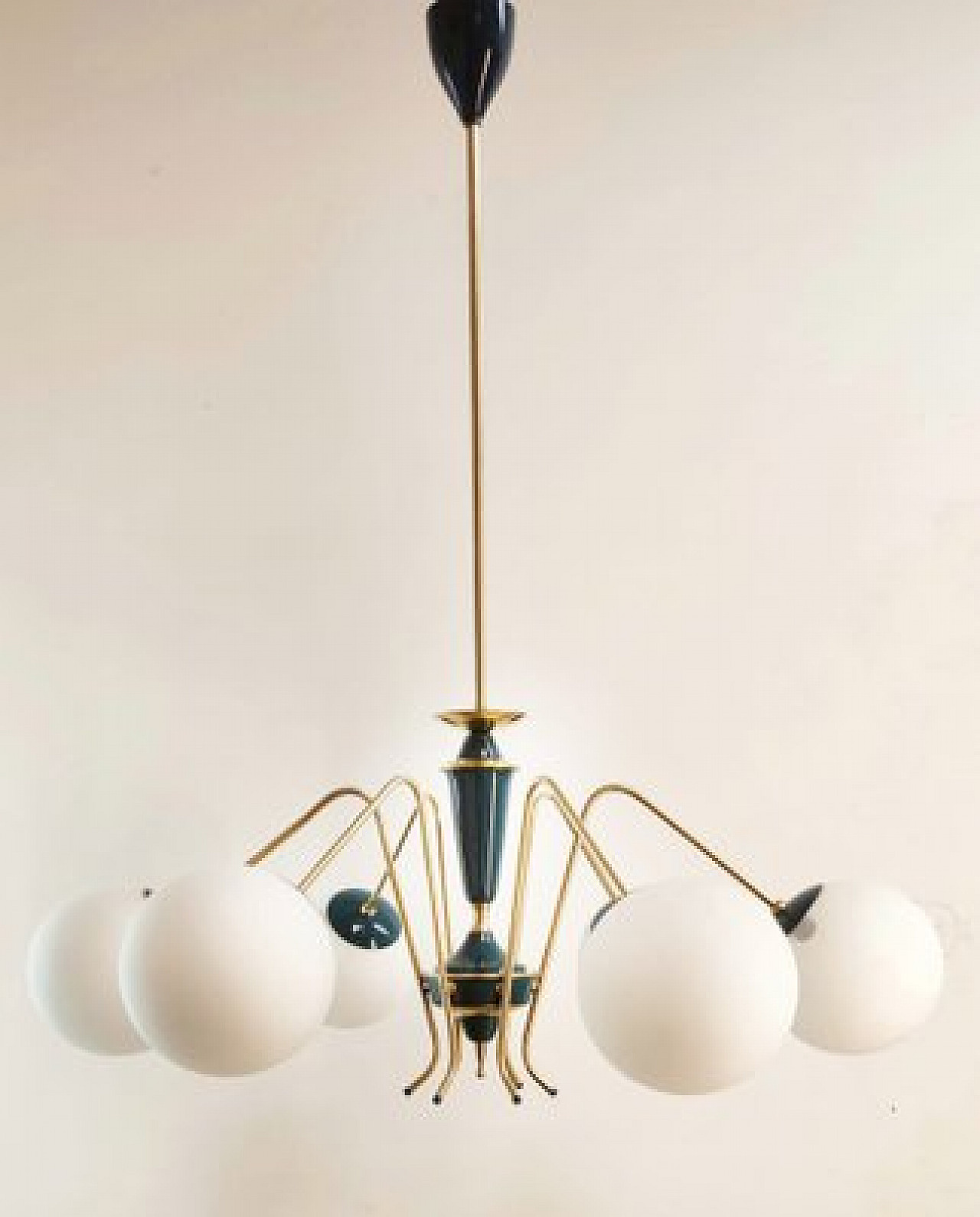 Blue Sputnik ceiling lamp with brass details, 1970s 1