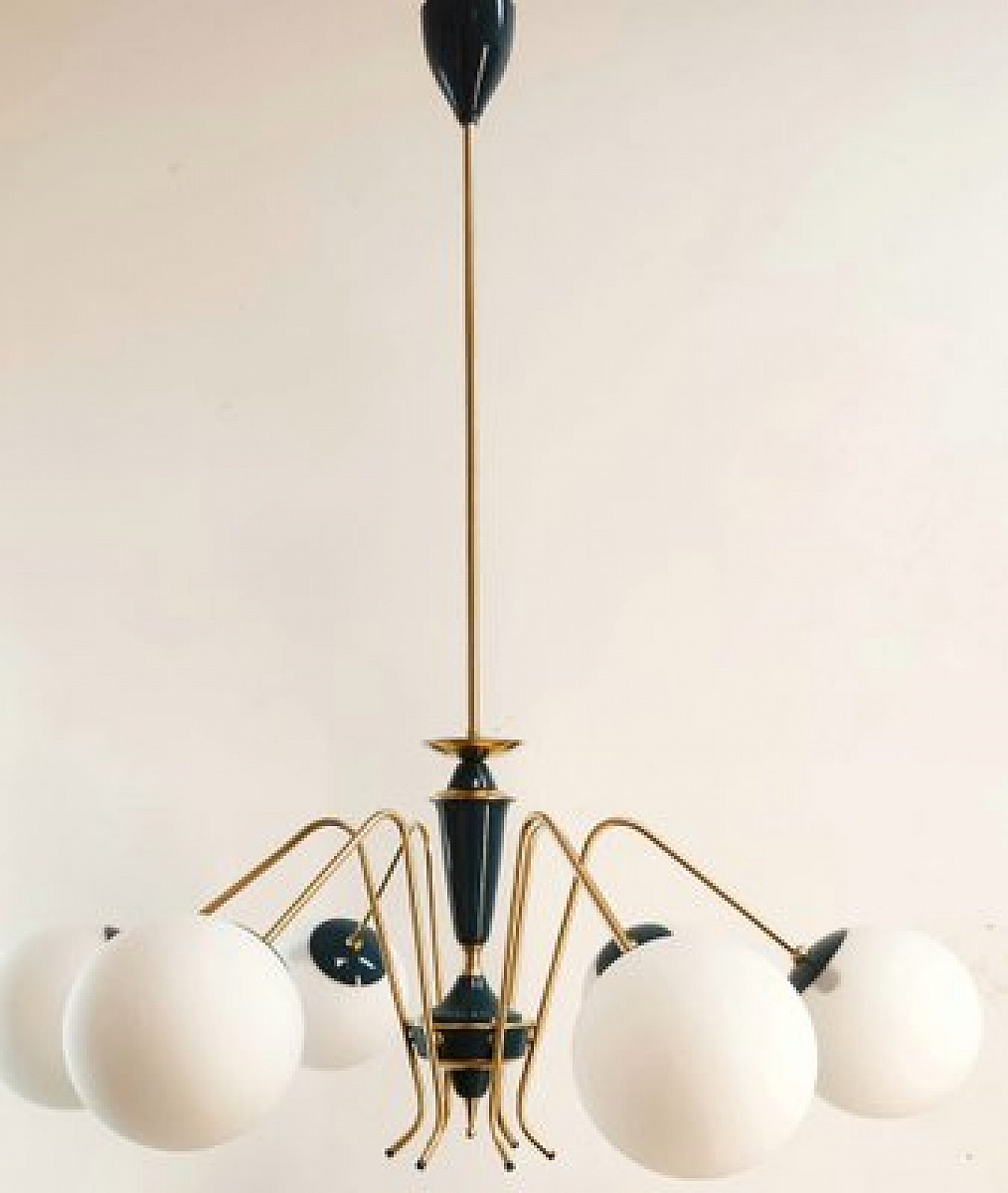 Blue Sputnik ceiling lamp with brass details, 1970s 2