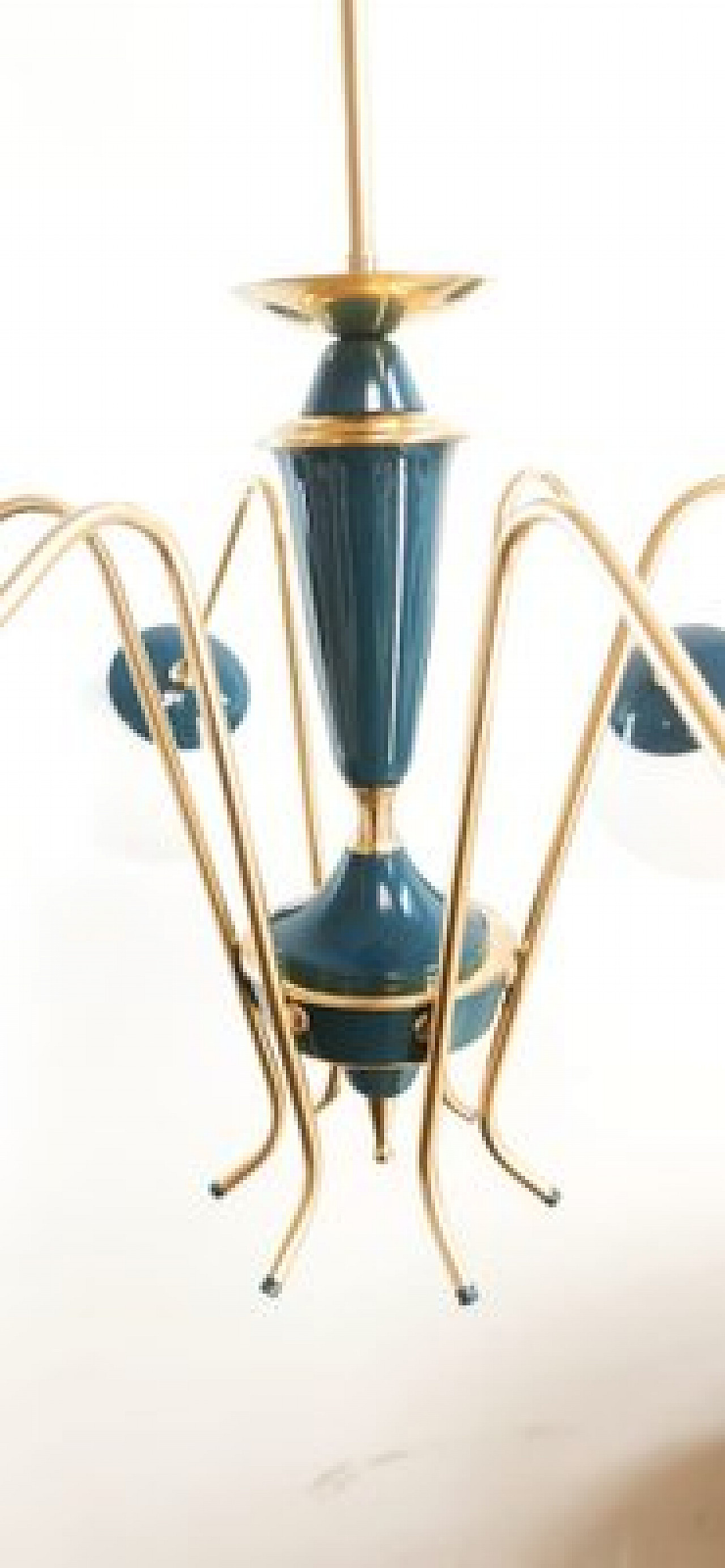 Blue Sputnik ceiling lamp with brass details, 1970s 3