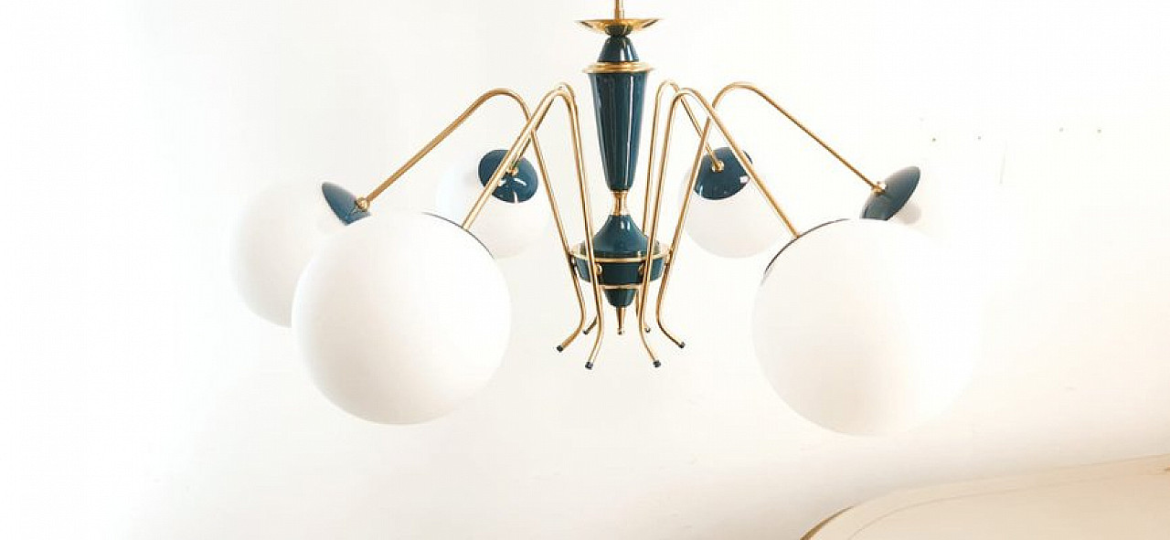 Blue Sputnik ceiling lamp with brass details, 1970s 6