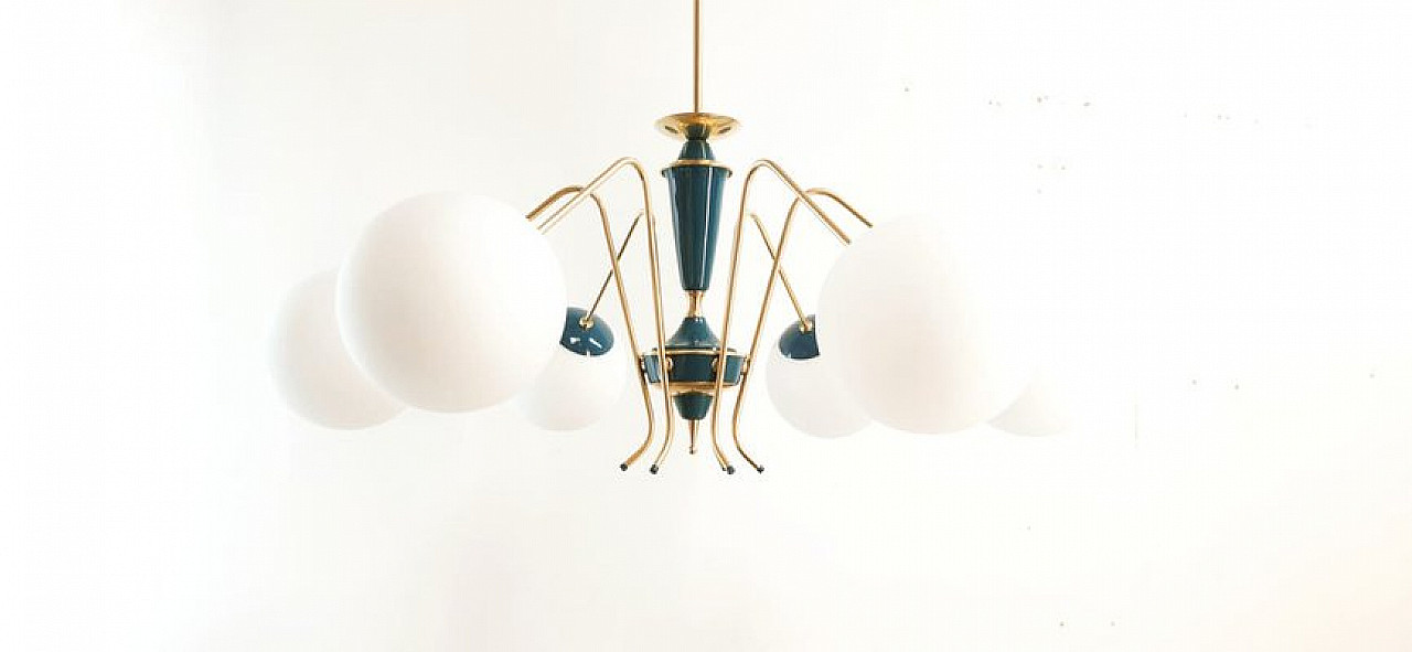 Blue Sputnik ceiling lamp with brass details, 1970s 7