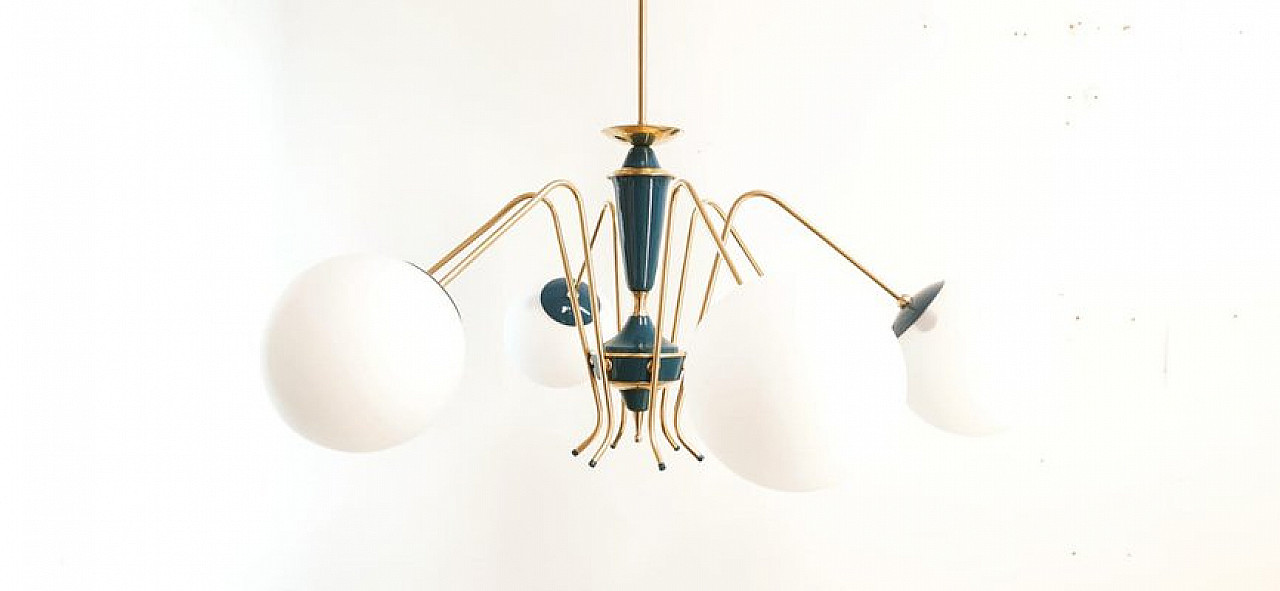 Blue Sputnik ceiling lamp with brass details, 1970s 9