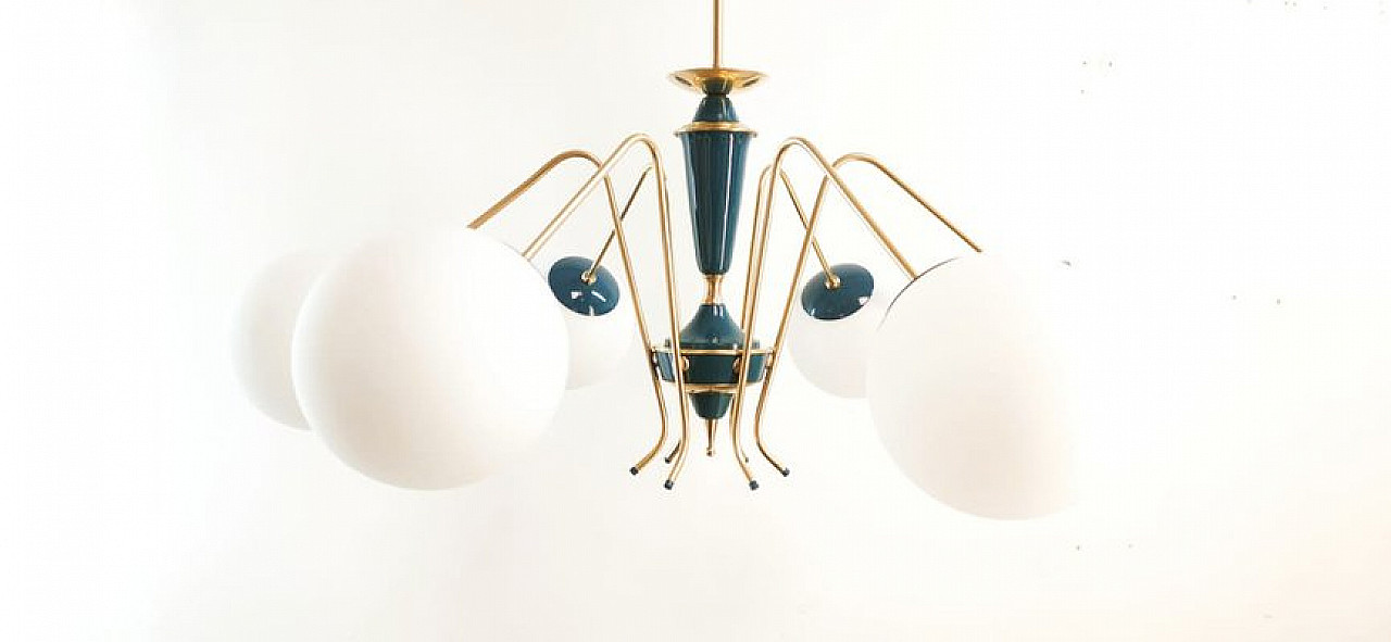 Blue Sputnik ceiling lamp with brass details, 1970s 10