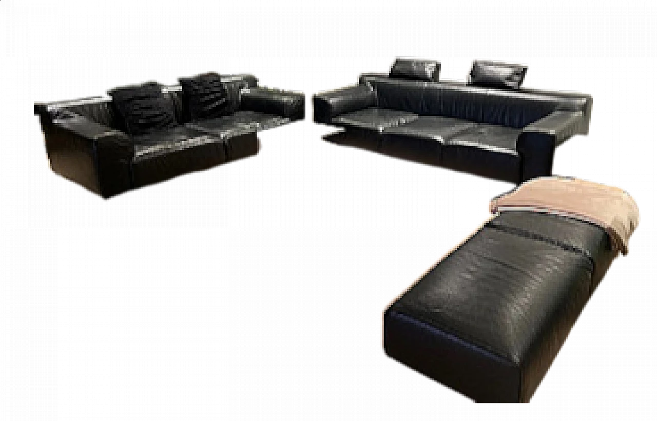 Pair of Greg sofas and bench in black leather by Emaf Progetti for Zanotta 11