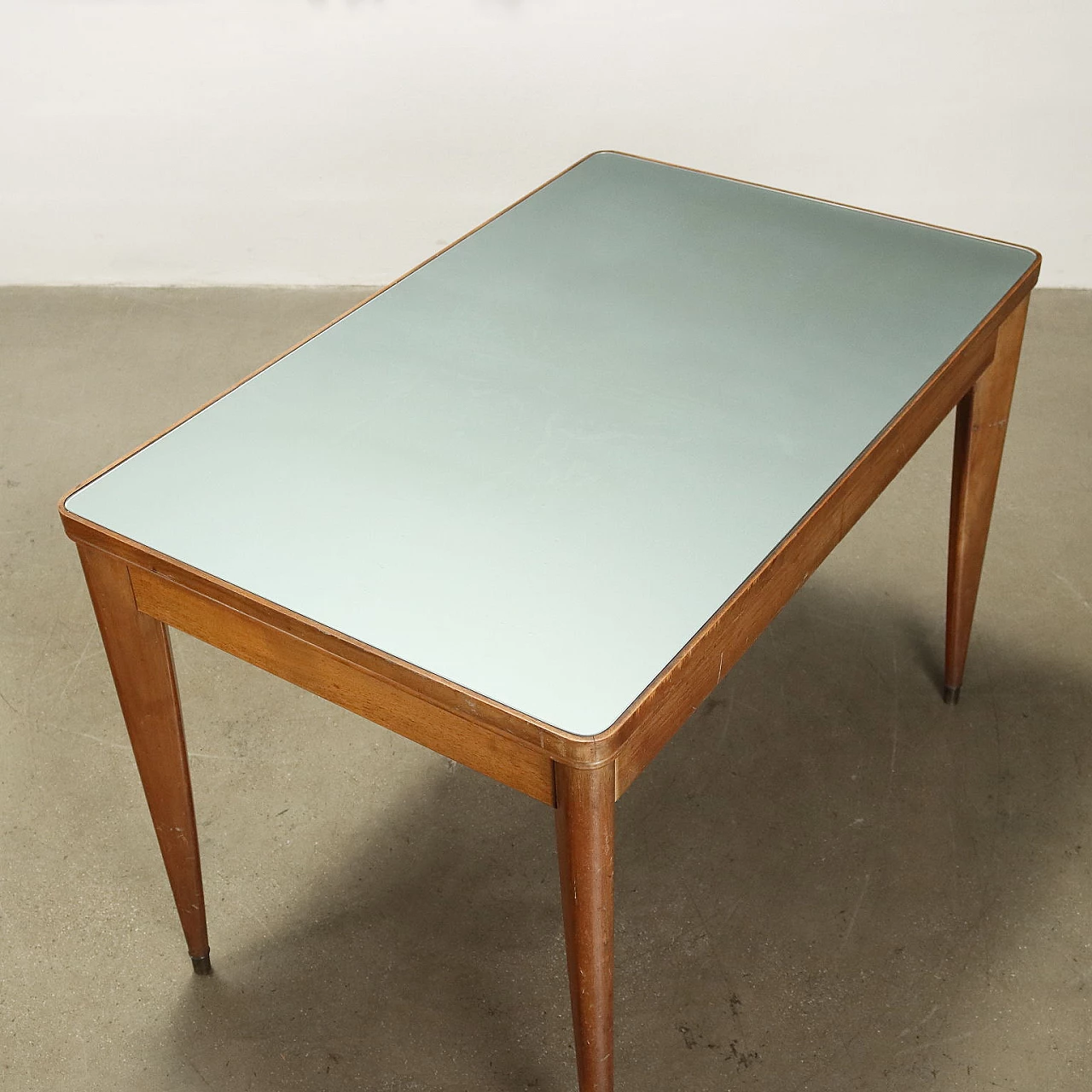 Tavolo in legno con piano in vetro retro trattato, anni '60 6