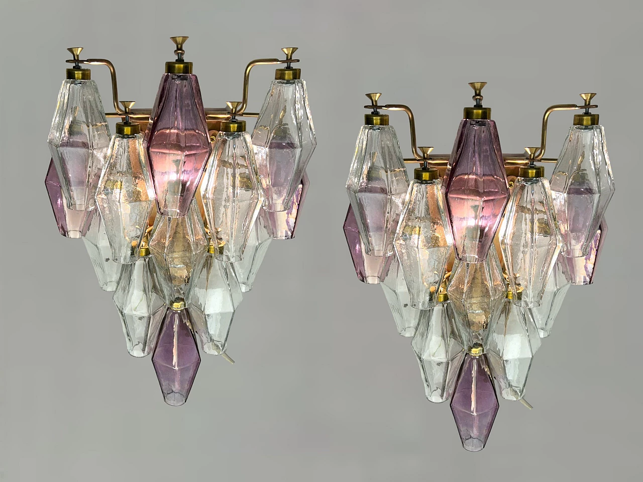 Coppia di lampade da parete poligonali in vetro di Murano, anni '70 2