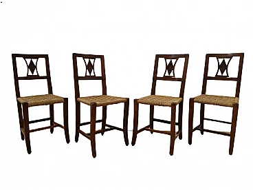 4 Empire chairs in solid walnut with straw seat, early 19th century