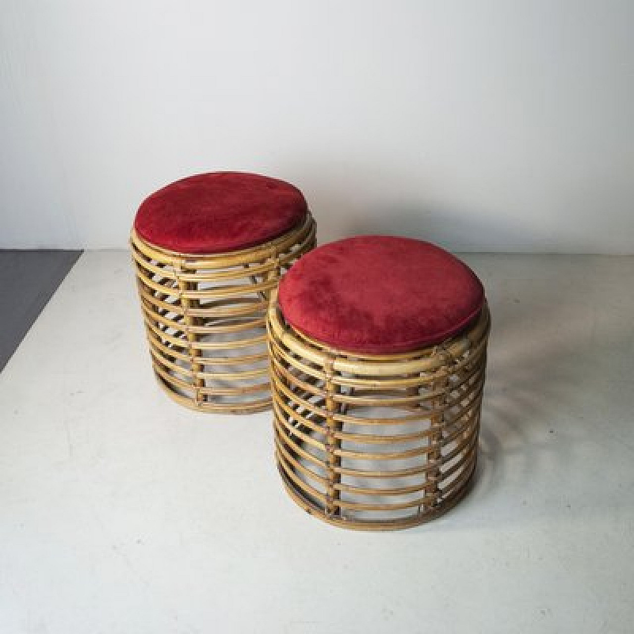 Pair of bamboo poufs attributed to Tito Agnoli, 1960s 3