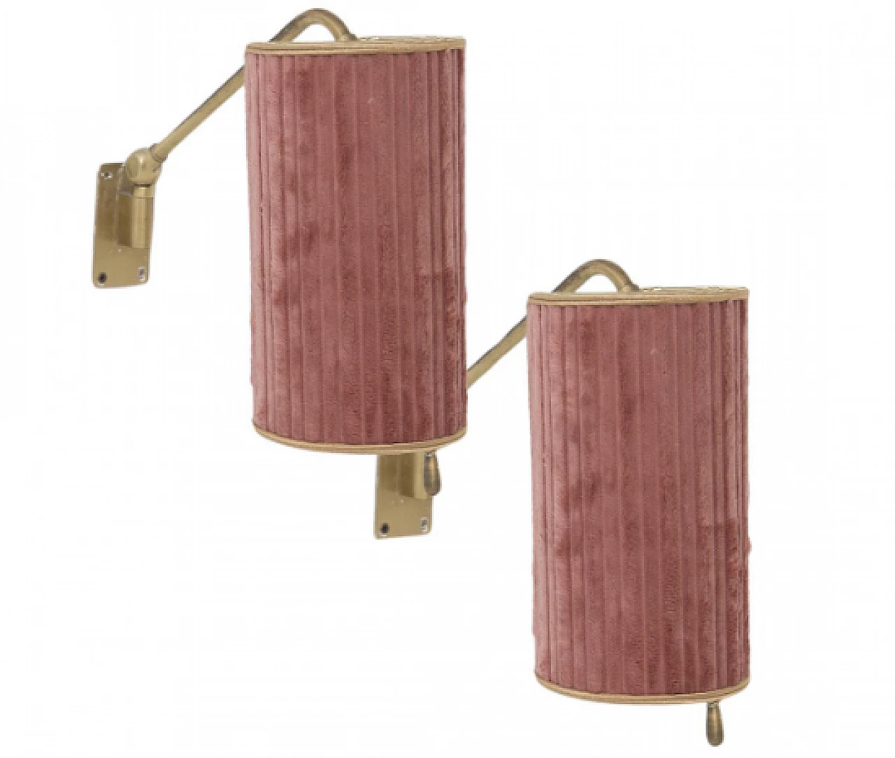 Pair of brass and pink velvet wall lights, 1950s 1