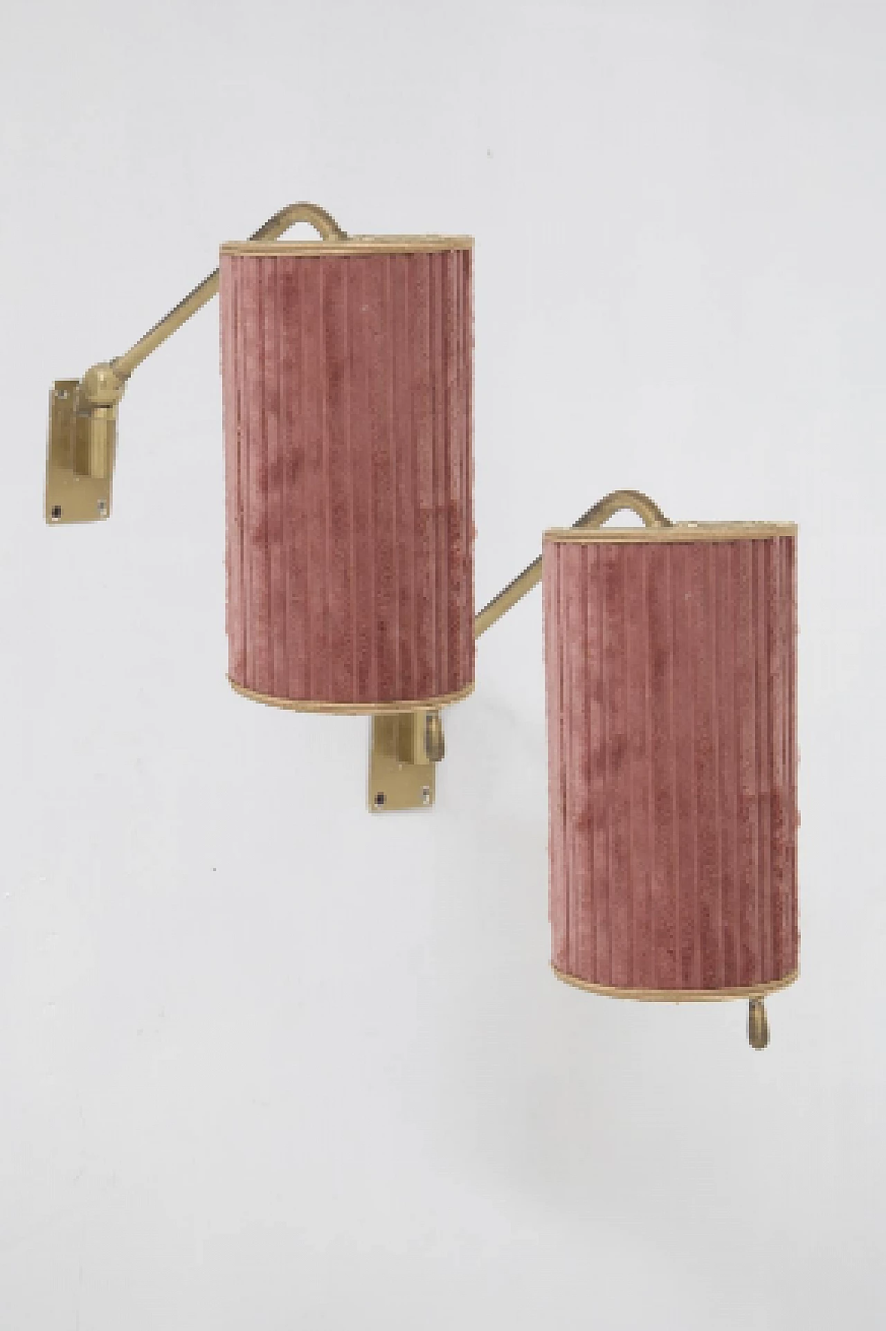 Pair of brass and pink velvet wall lights, 1950s 2