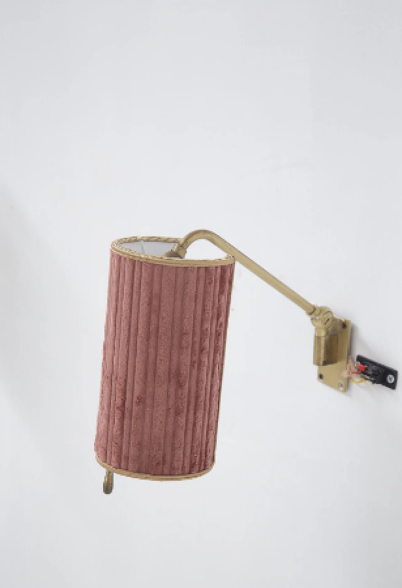 Pair of brass and pink velvet wall lights, 1950s 3