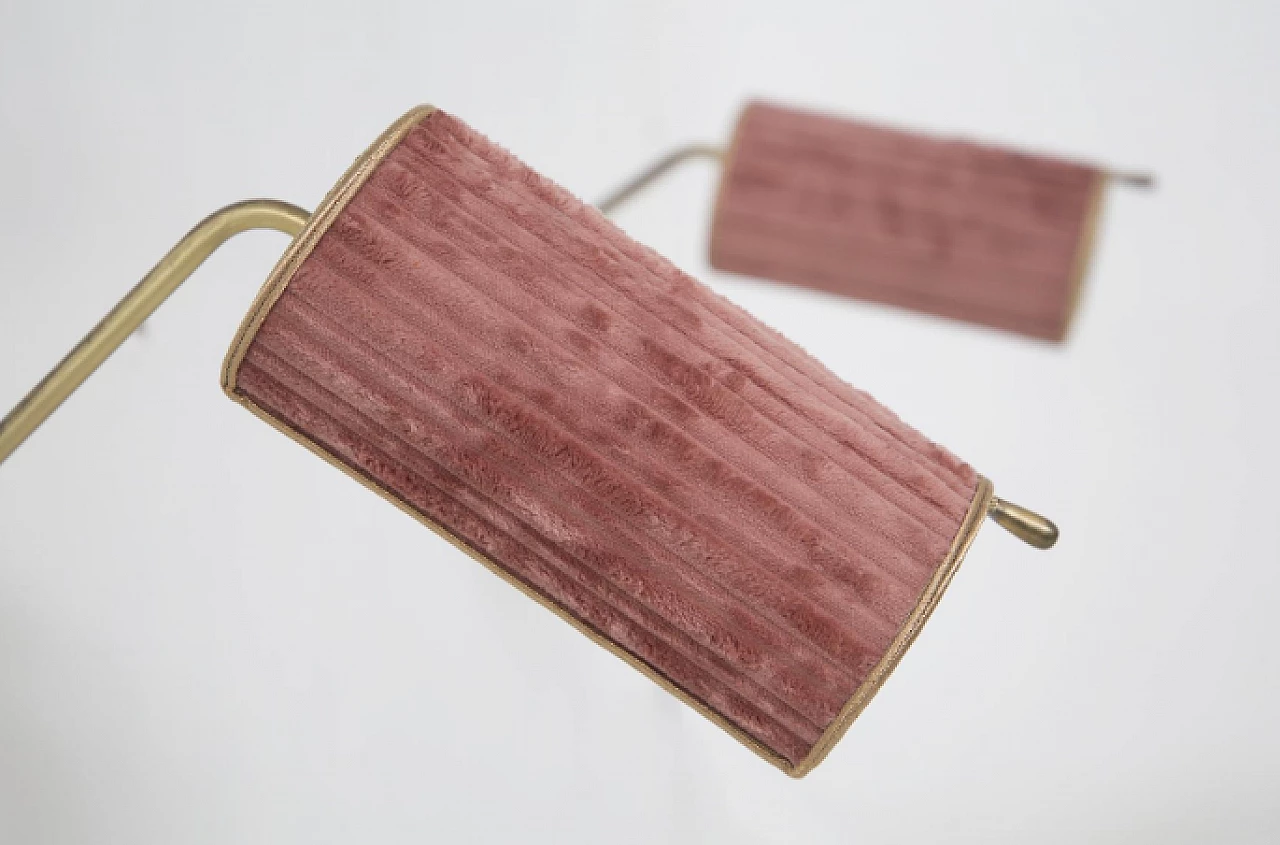 Pair of brass and pink velvet wall lights, 1950s 12
