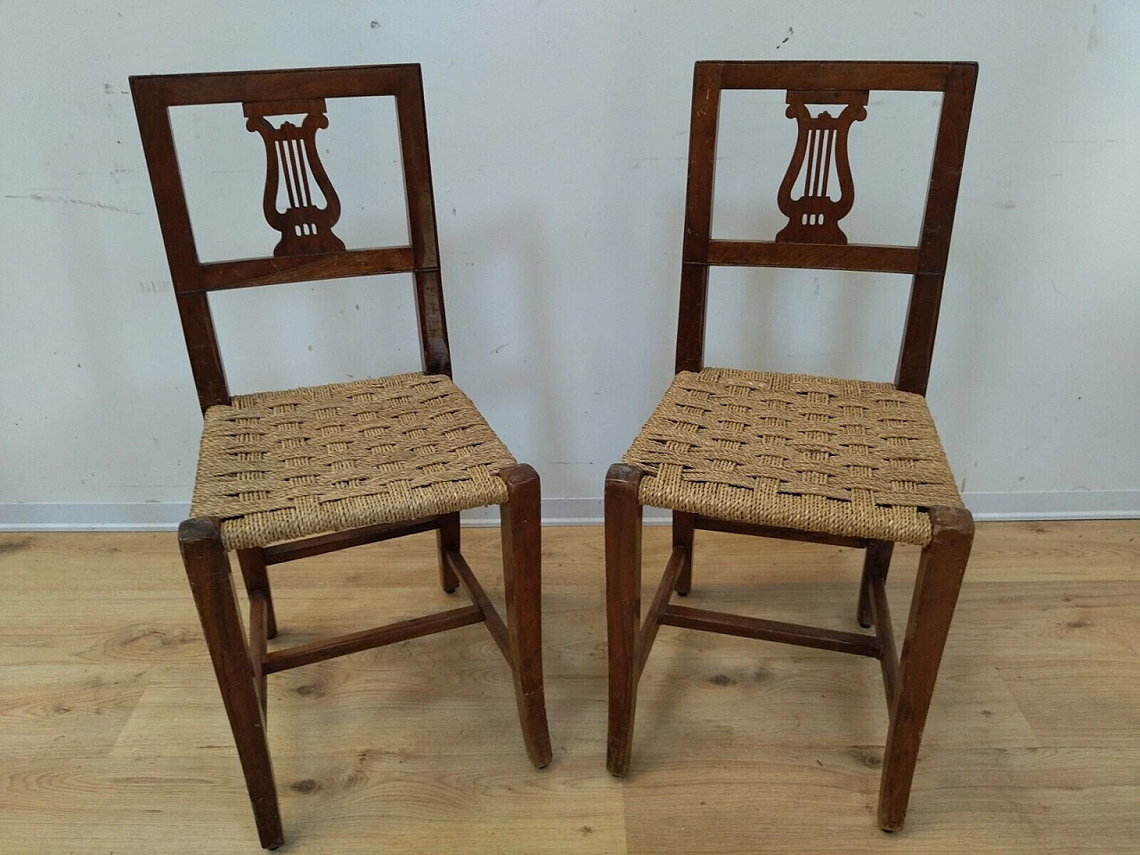 Pair of Empire solid walnut and straw chairs, early 19th century 1