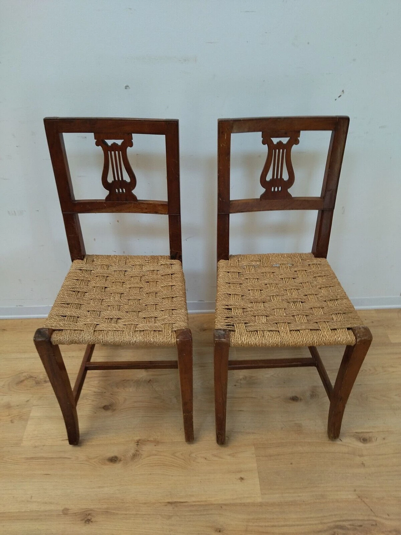 Pair of Empire solid walnut and straw chairs, early 19th century 2